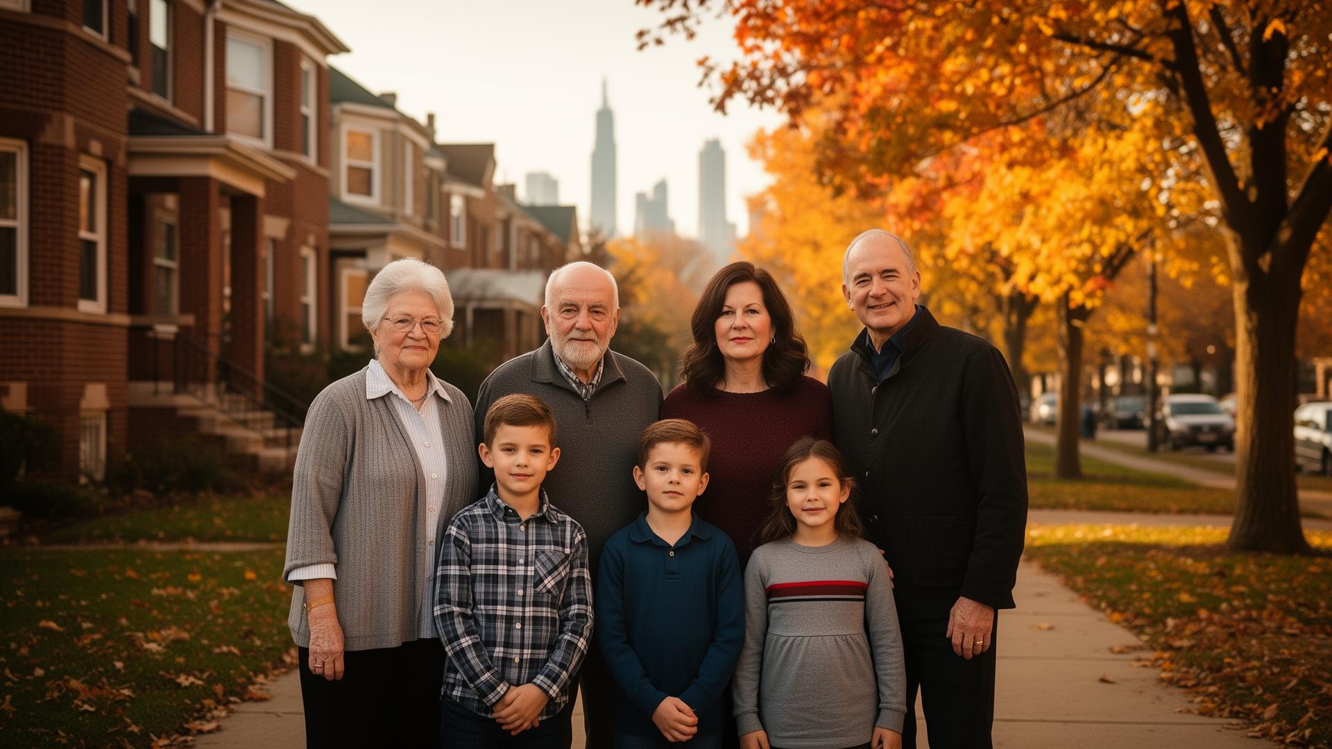 Multigenerational Northwest Chicago suburb family walking together on a tree-lined street in autumn